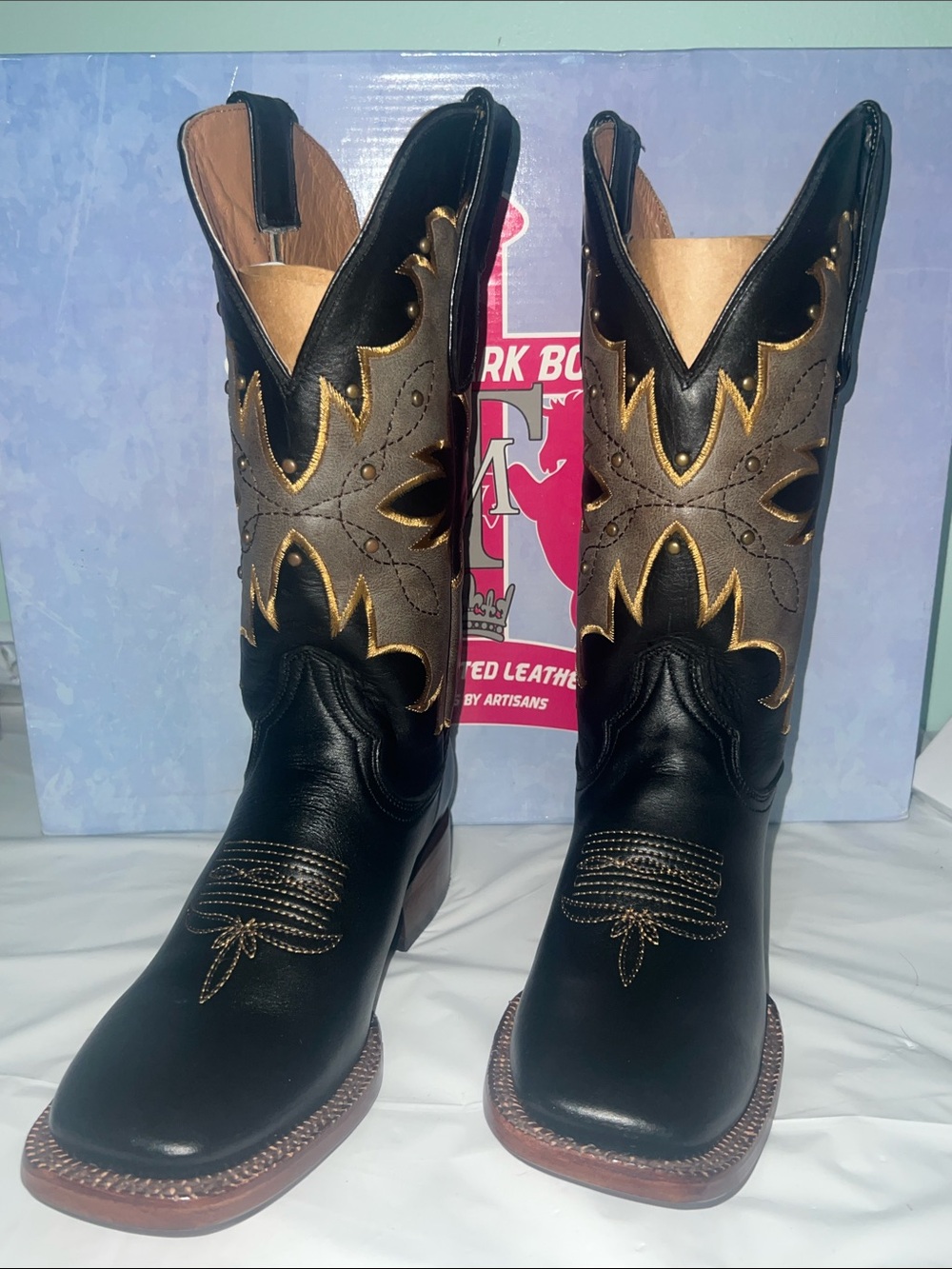 Western Heeled Boots in Black and Brown with Gold Stitching
